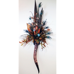 Giant Horn Wall Sconce with Natural Protea and Peacock Feathers